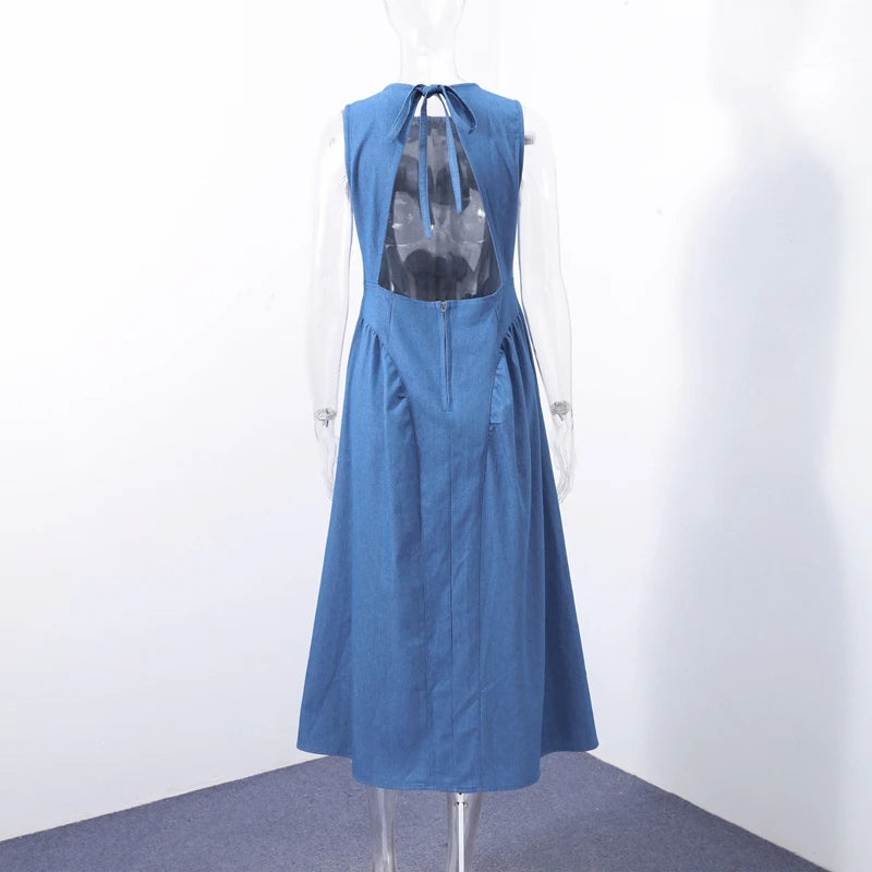 Trendy Women's Summer Denim Dress Backless Sleevess Long O-Neck Vintage Washed Blue Casual Daily Wear. S-XL