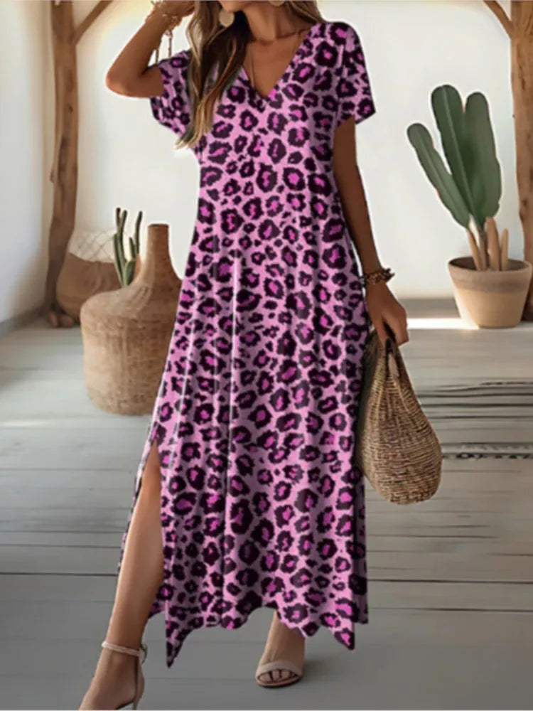 Casual Leopard Print Loose Long Dress Fashion V Neck Short Sleeve Maxi Elegant Dress. S-3X