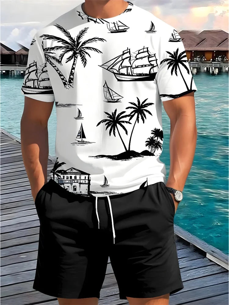 Summer 2 Piece Casual Everyday Men's Short Sleeve Shorts Set Hawaiian Print Men's Beach Shorts Sets. XS-6X