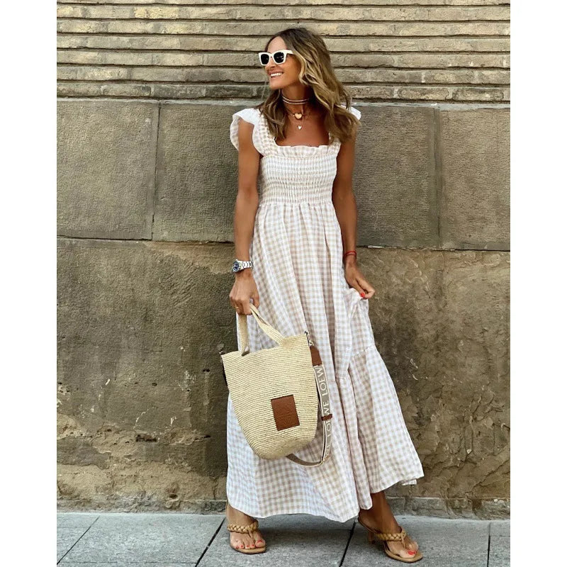 Luxury Ruffle Fly Sleeve Long Dress Square Neck Plaid Dress Casual Retro Beach /Holiday /Party. Vestidos S-3X