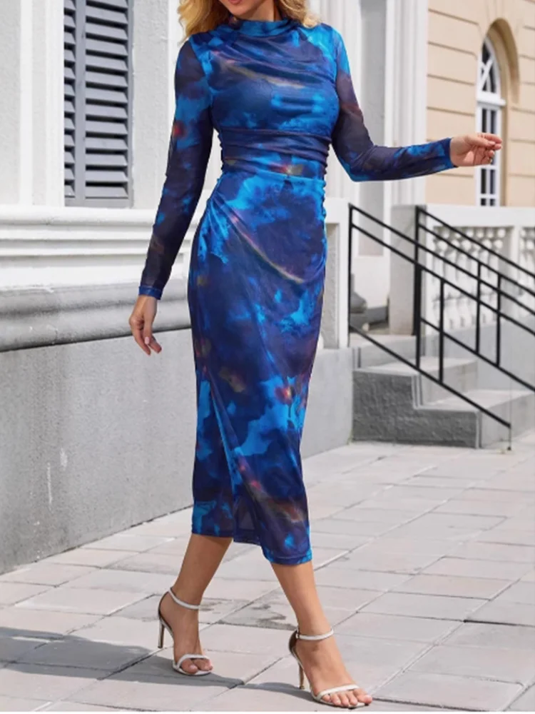 Blue Long Sleeved Fashionable Print Women's Dress High Street Fashion Slim Fit Dress. S-2X