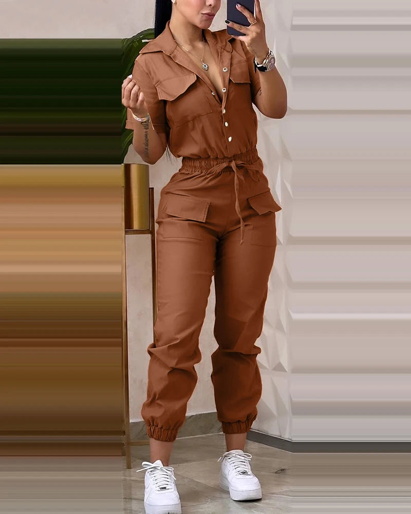 New Fashion Summer Casual Solid Colour Short Sleeved High Waist Jumpsuit. S-XL