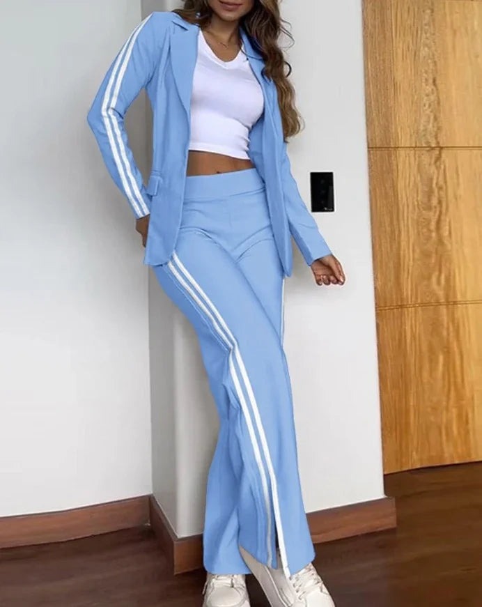 Women's Fashion Latest Striped Side Sporty Tape Notched Collar Front Button Blazer Wide-Leg Pants Set