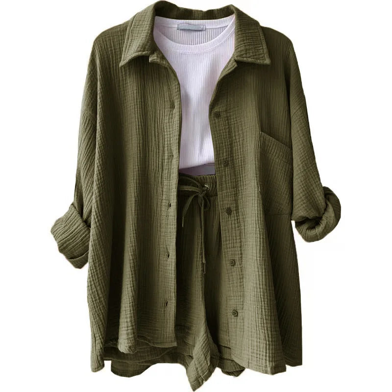 Ladies Shorts And Single Breasted Cardigan Blouse Two Piece Shorts And Loose Button Up. S-2x