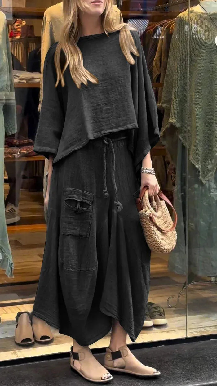 Casual Solid Cotton Linen 2 Piece Sets Women Spring O Neck Top Pullover Belted Skirt Outfit Fall 3/4 Sleeve Loose Suit. S-3x