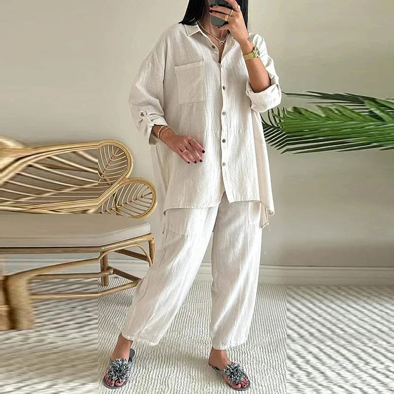 Women's Elegant Cotton Hemp Single Breasted Loose Fit Wide Leg Pants Two Piece Set. Sz: S-xxL