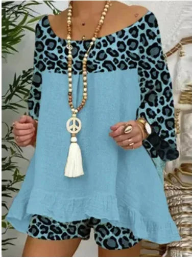 Women 2025 2 Piece Spring Summer Bohemian Casual Leopard Print Loose Fit Outfit. S-3XL