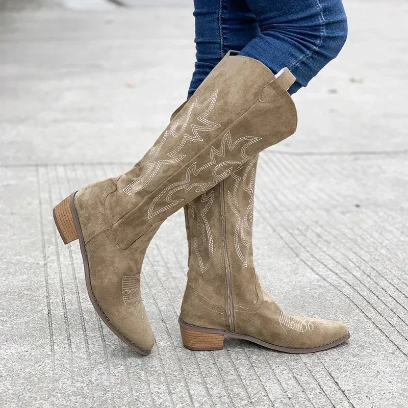 Women's Fashion Chunky Heeled Cowboy Boots Zipper Style Pointed Toe