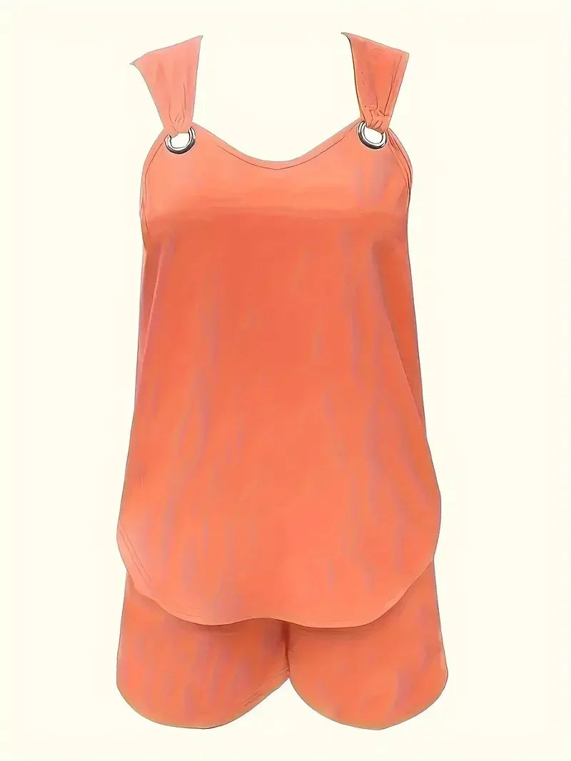 Women's Plus Size Casual Two-Piece Set Tank Top Grommet Eyelet Detail & Trendy Comfortable Shorts