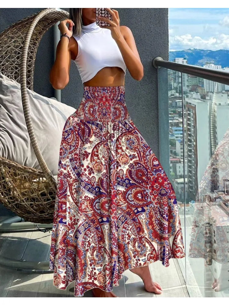 Women Fashion Floral Print Bohemian Elastic High Waist Skirt. S-2x