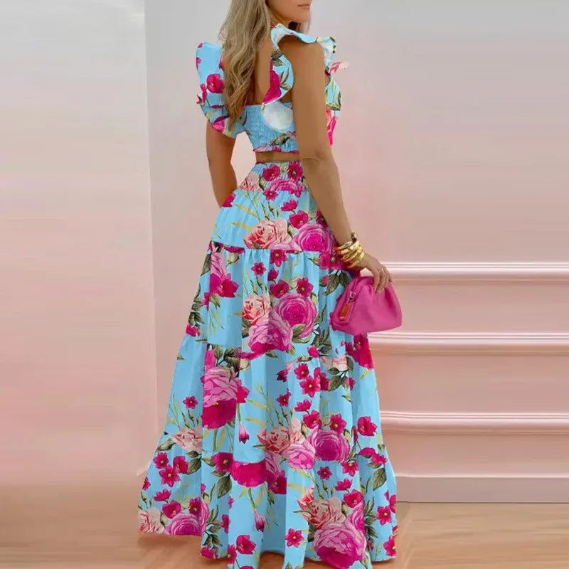 Ladies Two Piece Set Solid Bohemian Long Skirt Strapless Crop Top Cascading Ruffles Long Skirt Suit. S-3x