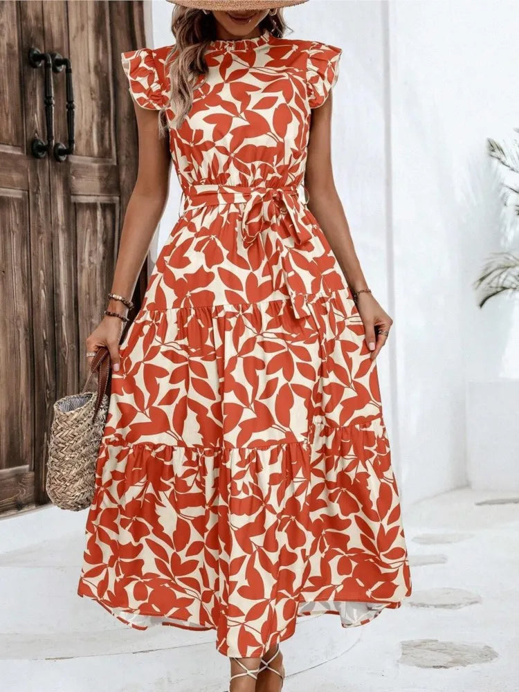 Elegant Women's Flower Midi Dress New Summer Fashion Stand Collar Flying Sleeve Dress Casual Dress. S-2X