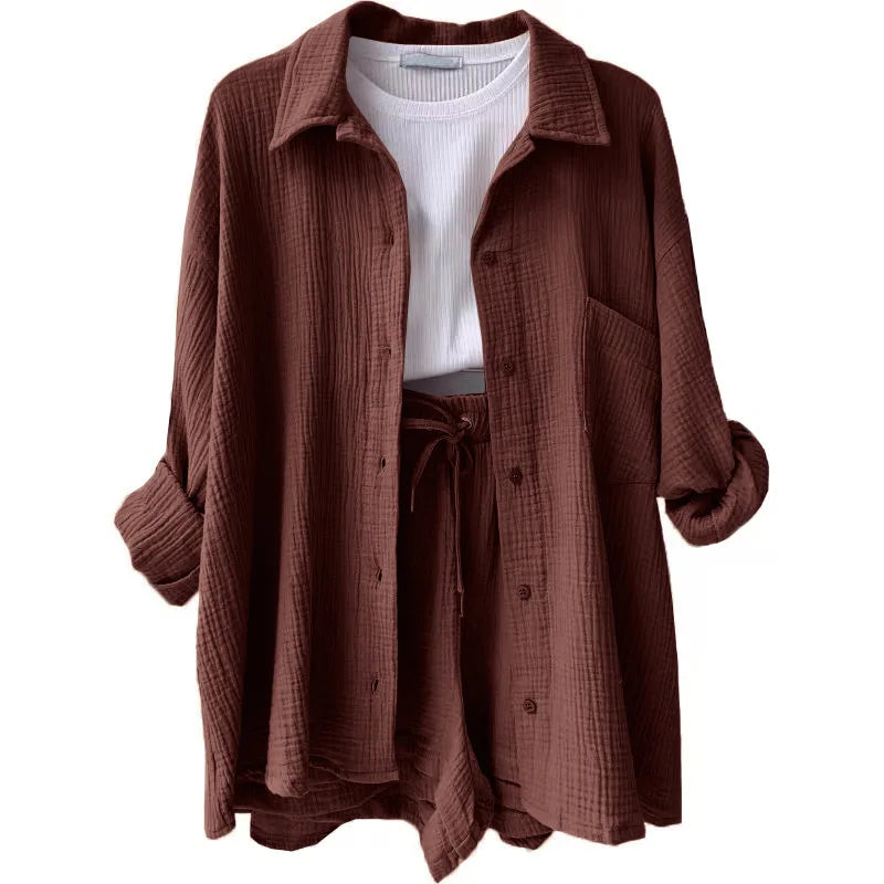 Ladies Shorts And Single Breasted Cardigan Blouse Two Piece Shorts And Loose Button Up. S-2x
