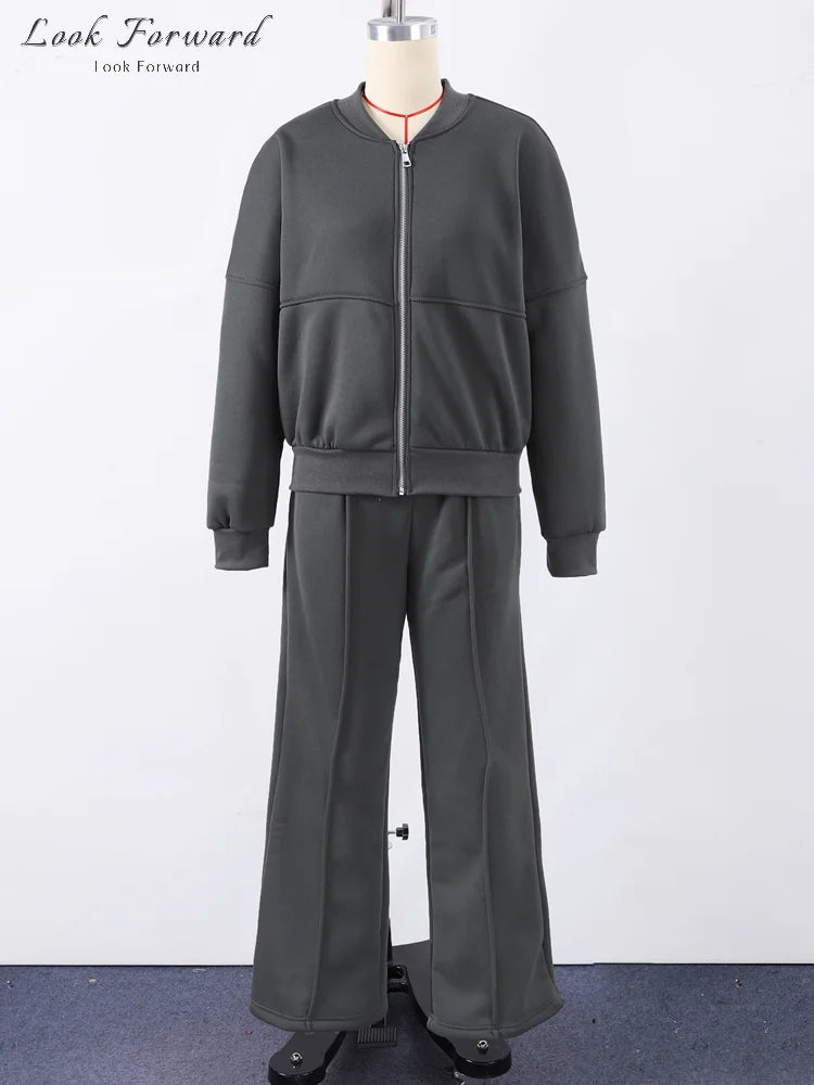 Casual Pants Set Women Spring Autumn Zip Up Jacket Loose Elastic Waist Trousers Suit.
