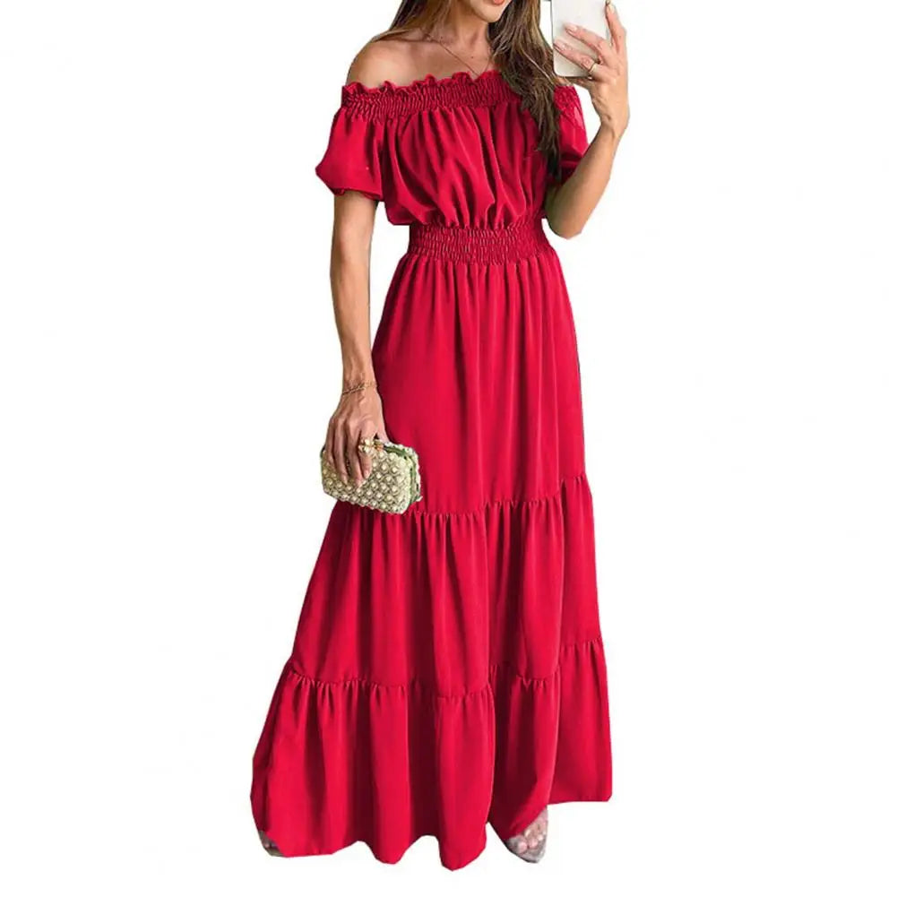 Women Dress Solid Puff Short Sleeves Elastic Waist Casual A-Line High-Waist Off Shoulder Maxi Dress.