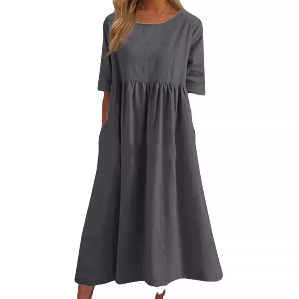 Casual Loose Long Plus Size High Waist Cotton Linen Dress. S-5X