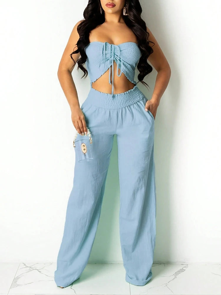 Women Two Piece Sets Halter Matching Sets Backless Short Top Wide Leg Long Pants Elastic Waist Casual Wear