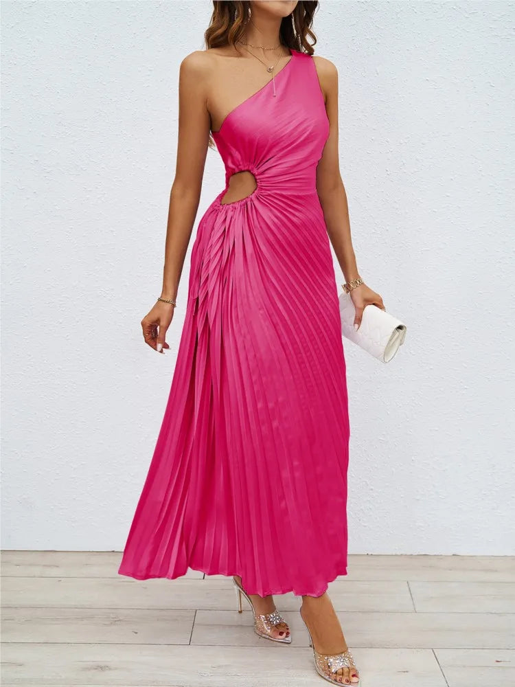Women's Fashion One-shoulder Slant Neck Line, Pleat Hollow Out Dress Elegant Evening Dress Wedding .
