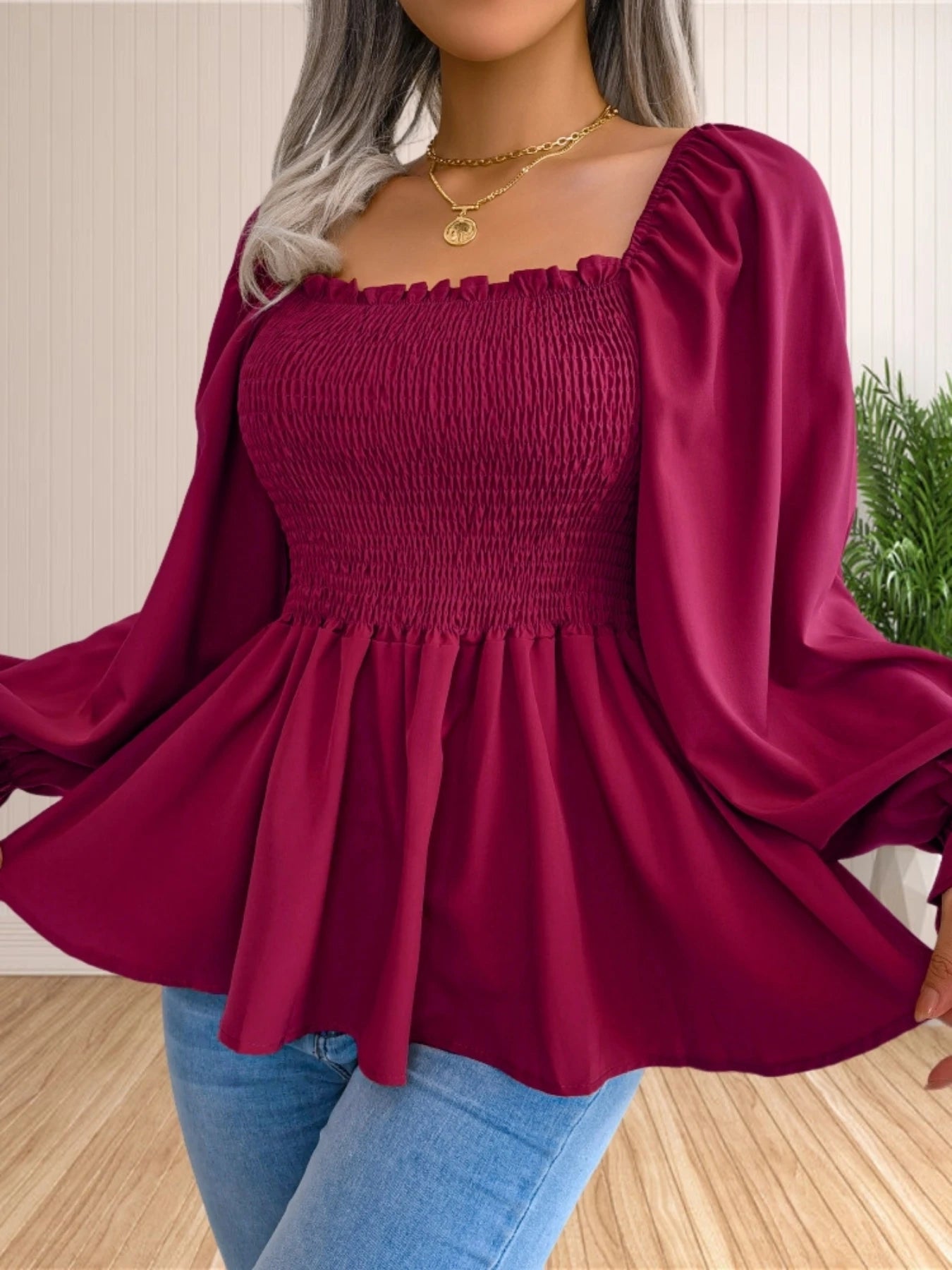 Women's Casual Long Sleeve Blouse Square Neck Smocked Ruffle Hem Slim Baby Doll Top. S-XL