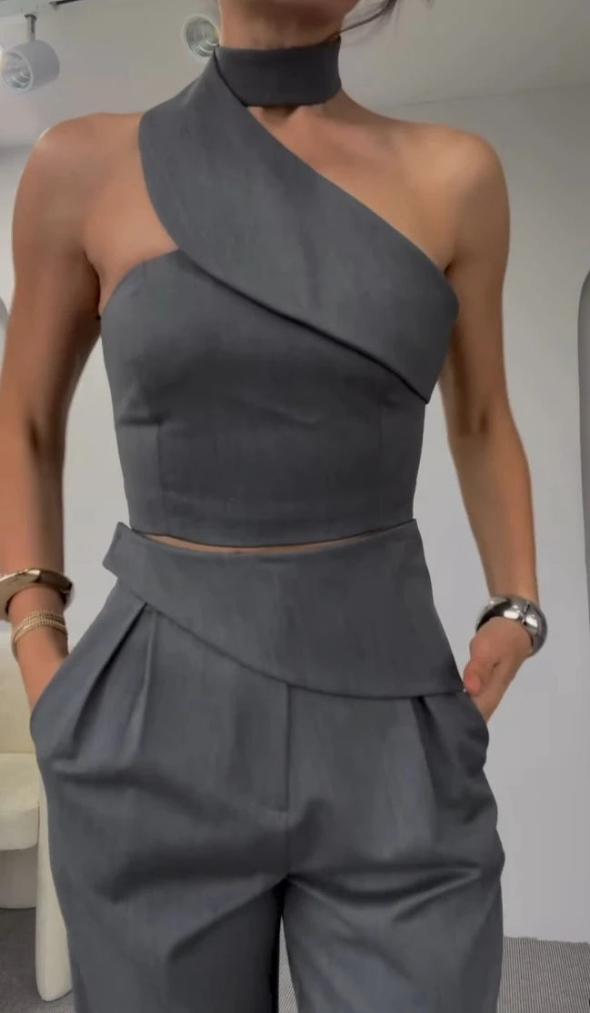 Ladies Pants and Blouse Set Summer Diagonal Collar Hanging Neck Slim Fit Top and High Waist Straight Leg Pant Suit. S-3x