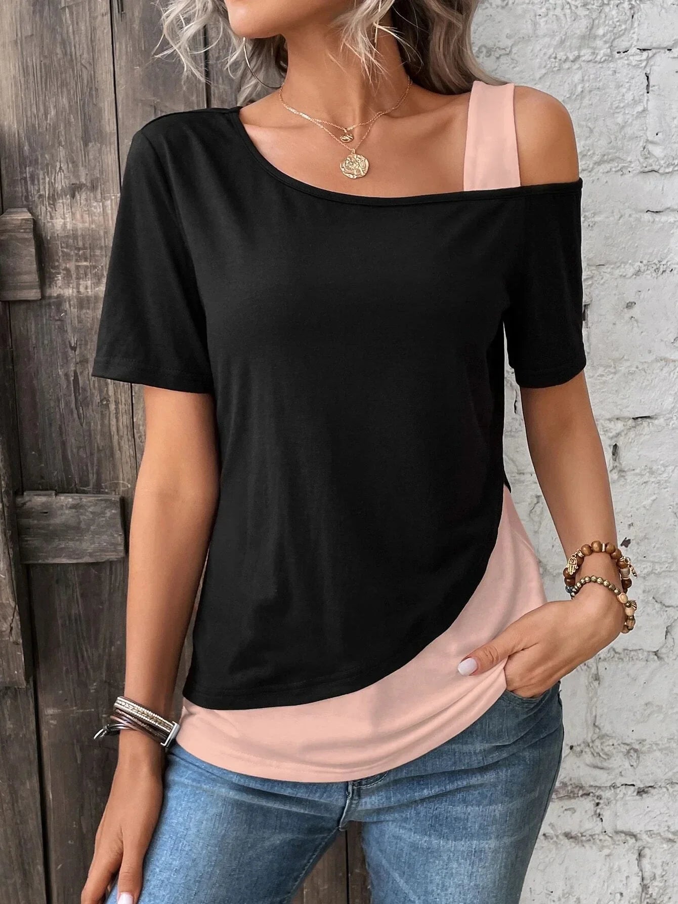 Chic Color Blocking Short Sleeved Women Solid Colour Off Shoulder Summer Casual Top. S-3x