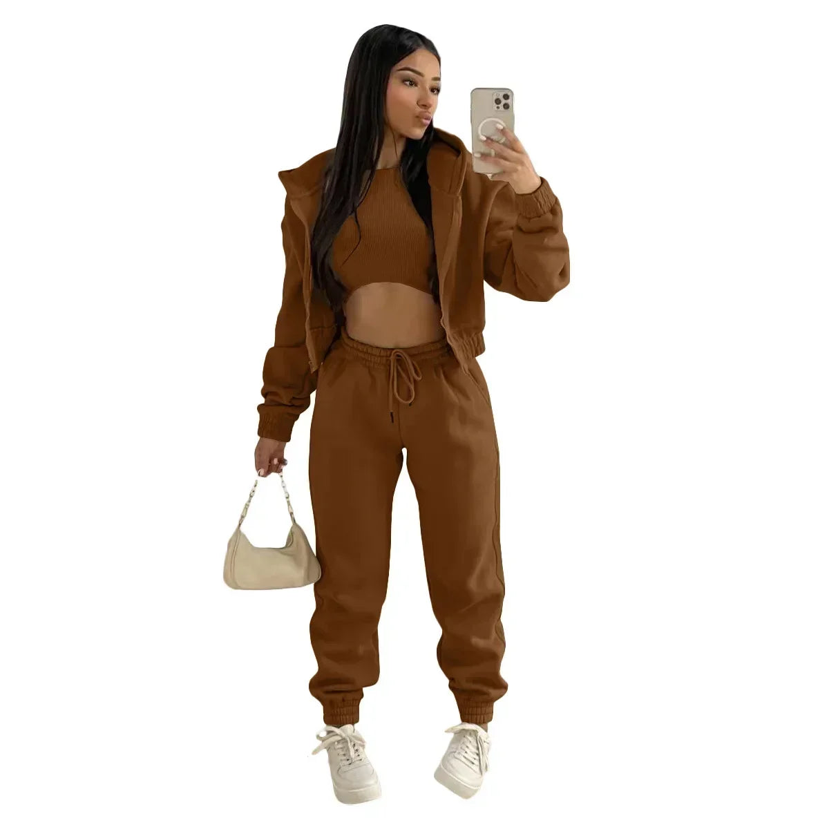 3pcs Women's Clothing Set Fleece-lined Hooded Sweater & Sleeveless Tank Top & Sweatpants Pants. S-2x