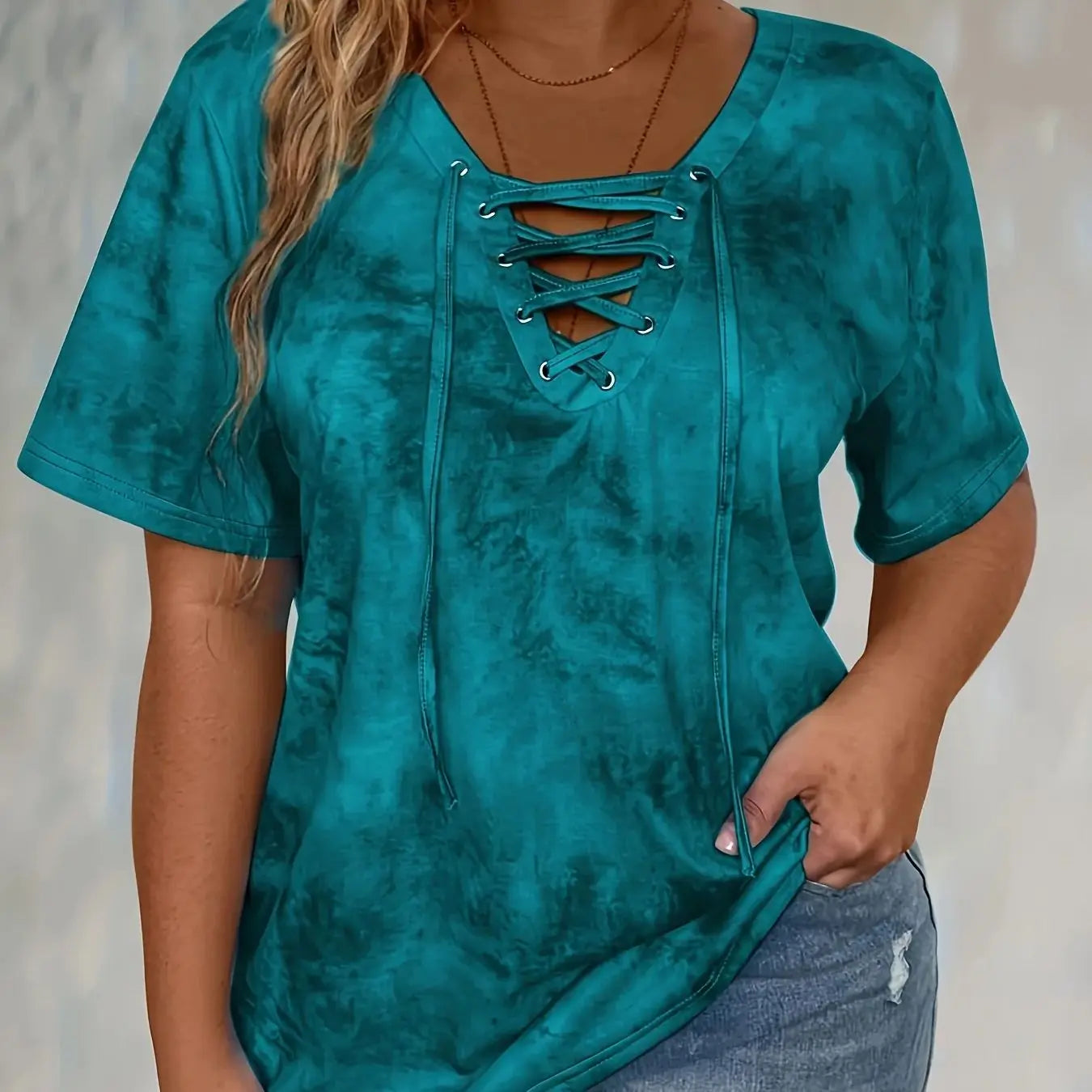 Plus size tie-dye printed short-sleeved T-shirt elegant lace-up design casual style