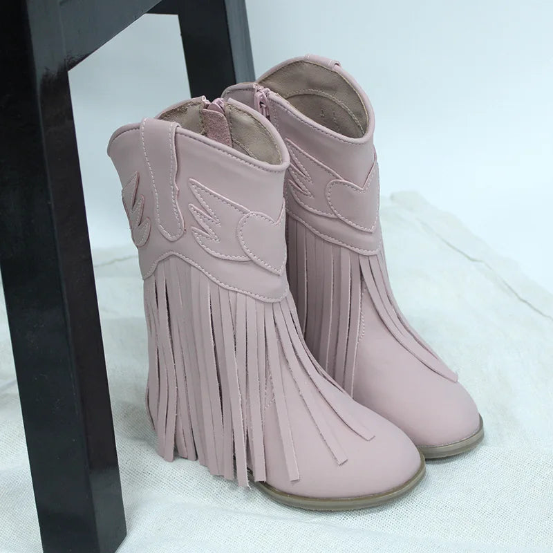 Kids Vintage Western Cowgirls Boots Leather Tassel Princess Low Heeled Knee Boots Cowboys Winter Dress Shoes New Years Christmas
