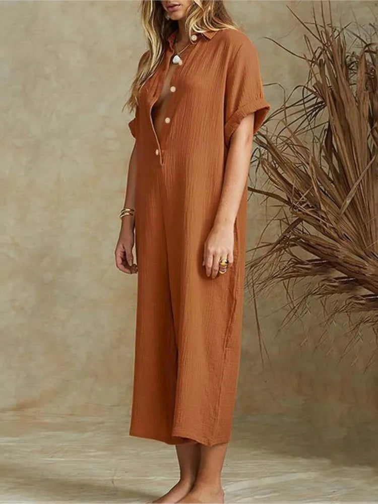 Elegant Casual Jumpsuit Cotton And Linen Women's Loose Jumpsuit. S-3X
