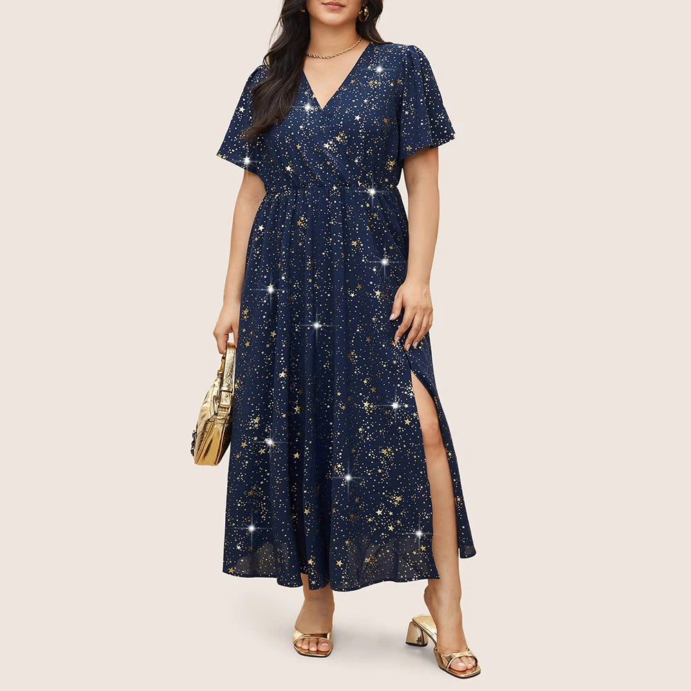 Plus Size Women's Printed V-Neck Split Maxi Dress Short Sleeve Party Cocktail Dress