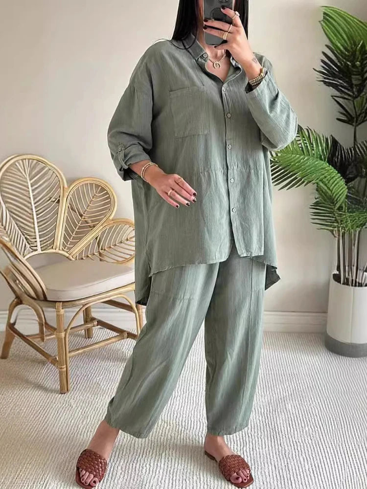 Women's Elegant Cotton Hemp Single Breasted Loose Fit Wide Leg Pants Two Piece Set. Sz: S-xxL
