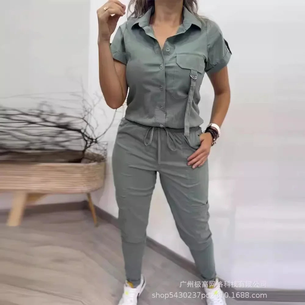 Short Sleeve Cargo Shirt Single Breasted & Ankle Length Pants Women 2 pcs Clothing Set. S-XL