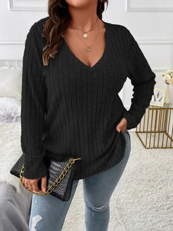 Plus Size Long Sleeve Casual Fashion V Neck Solid Colour Tops