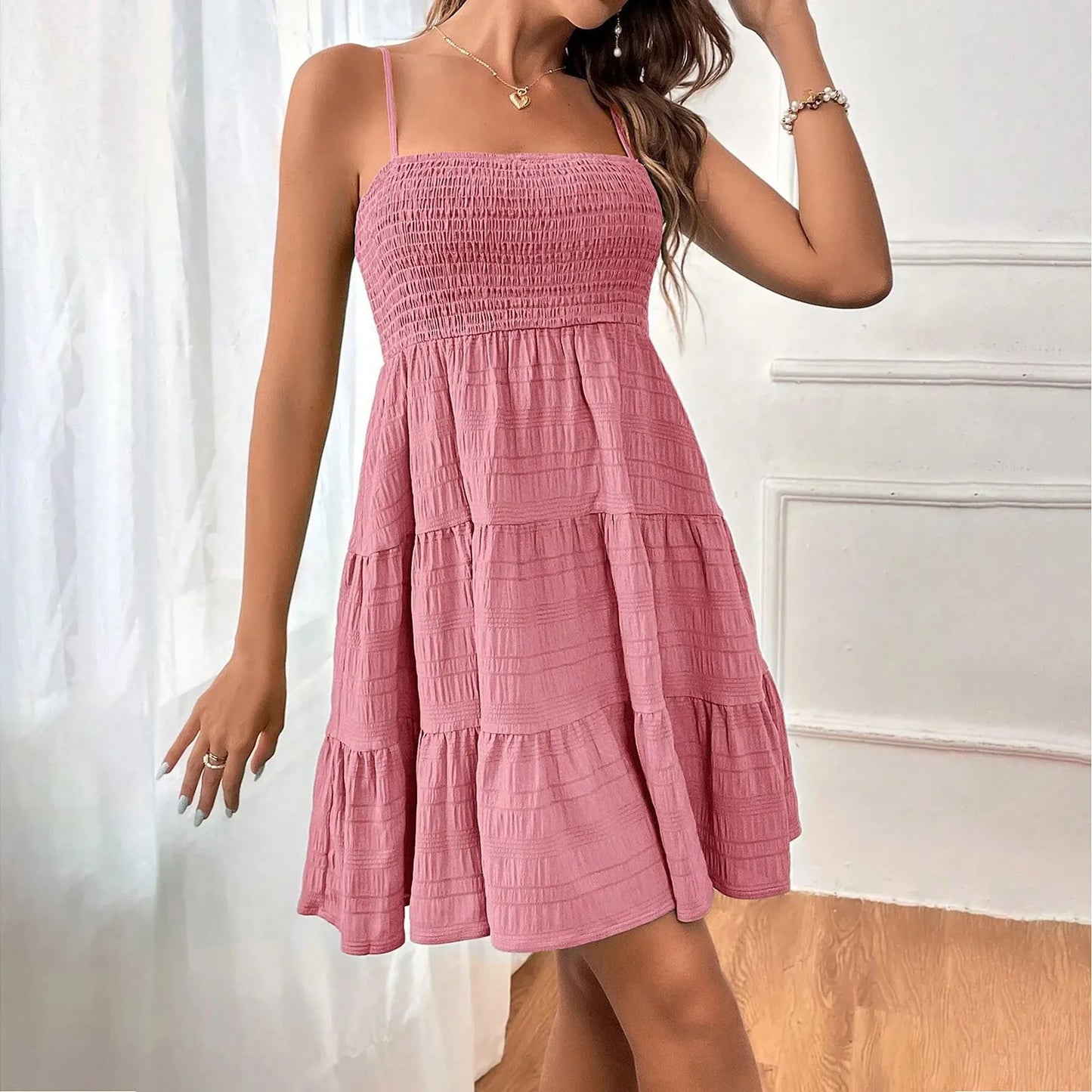 Bohemian Beach Sundress Sexy Sleeveless Backless Swing Mini Dress Solid Spaghetti Strap Ruffles Dress. S-2X