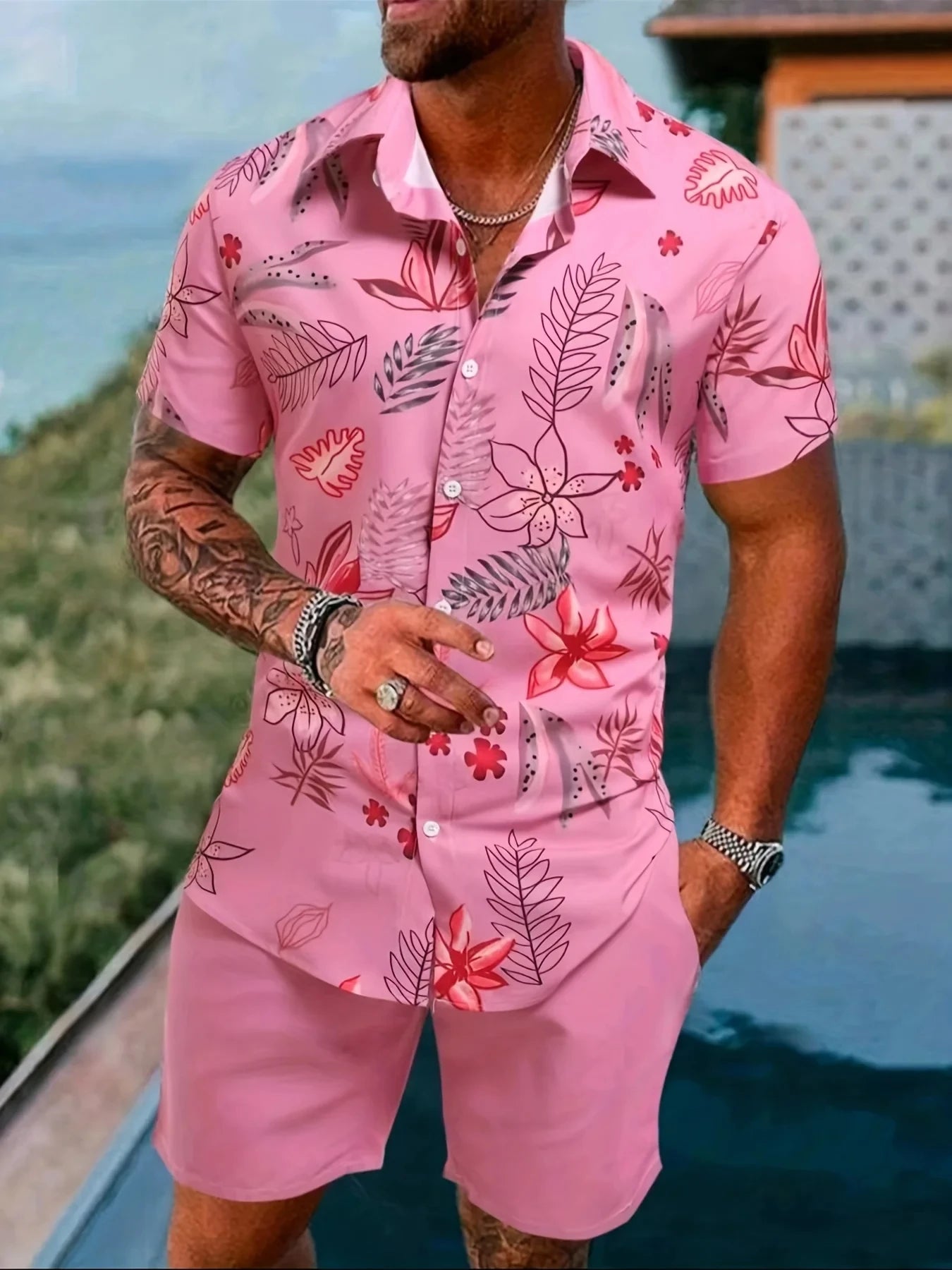 Men 2PCS Fashion Shirts+Shorts Hawaii Beach lapel Shirt Set. S-5X