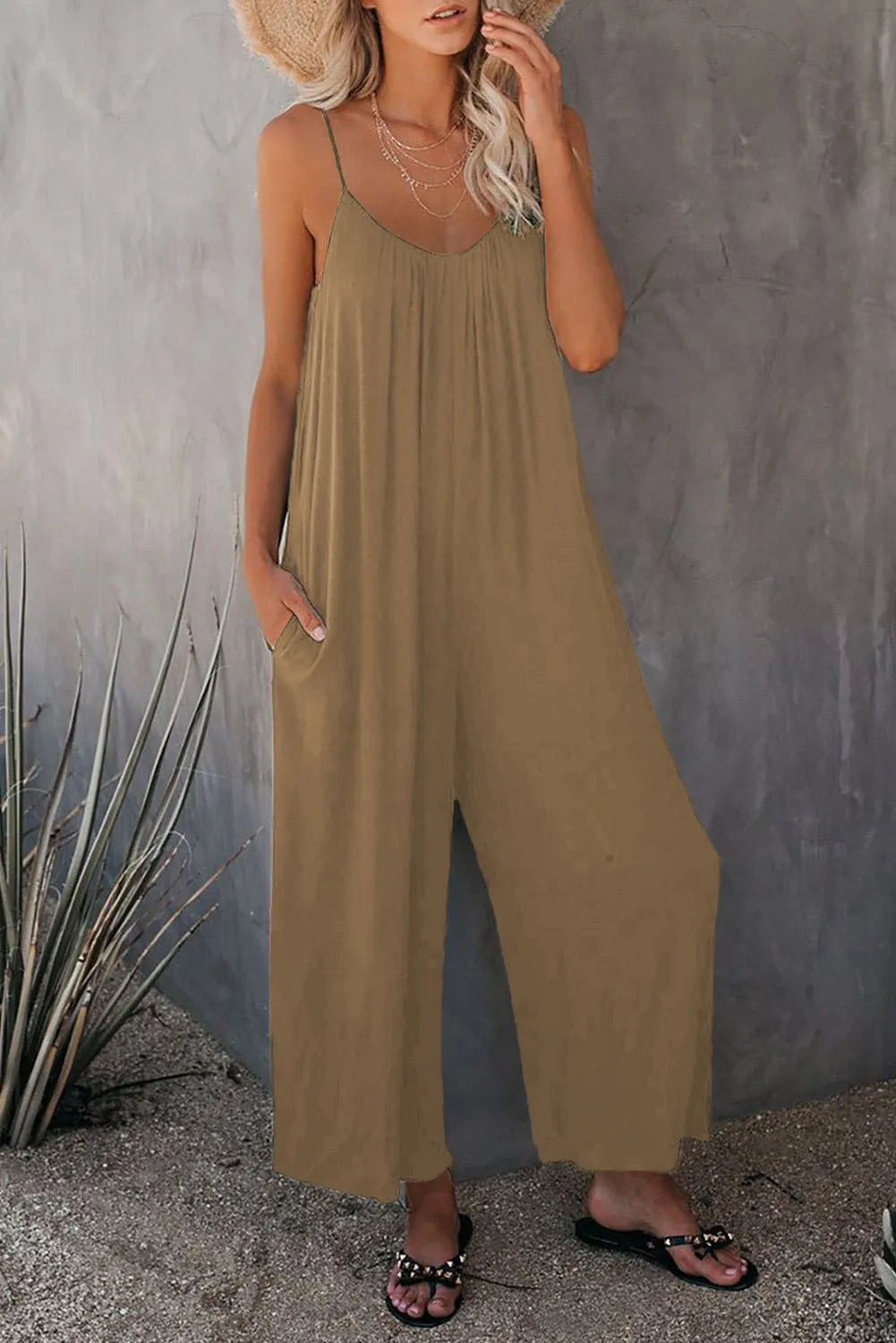 European Women's Summer New Solid Colour Pocket Casual Jumpsuit. S-xxxL