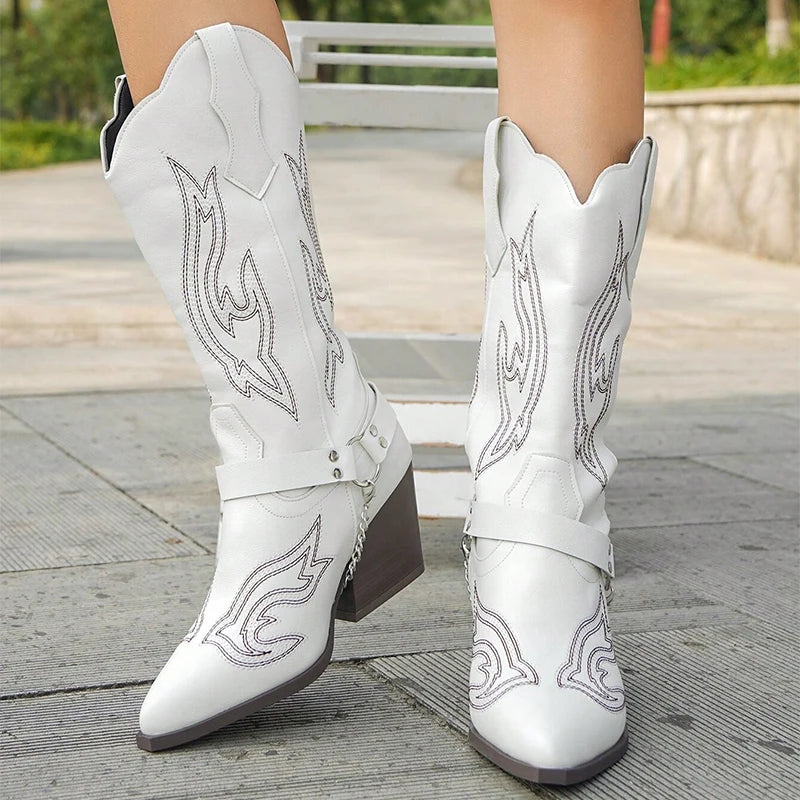 2025 Spring Retro Cowboy Boots Women Western Pu Leather Point Toe Boots