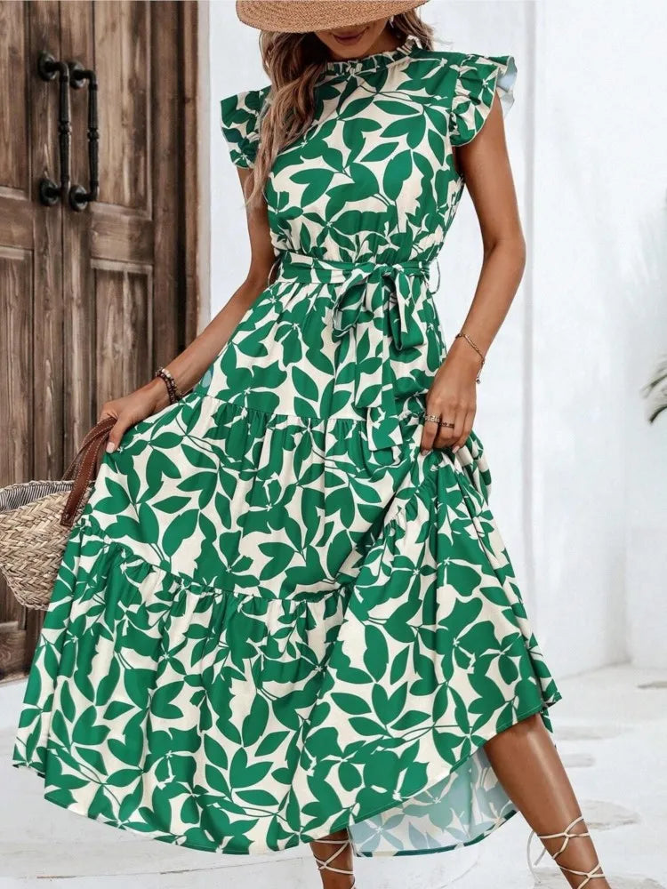 Elegant Women's Flower Midi Dress New Summer Fashion Stand Collar Flying Sleeve Dress Casual Dress. S-2X