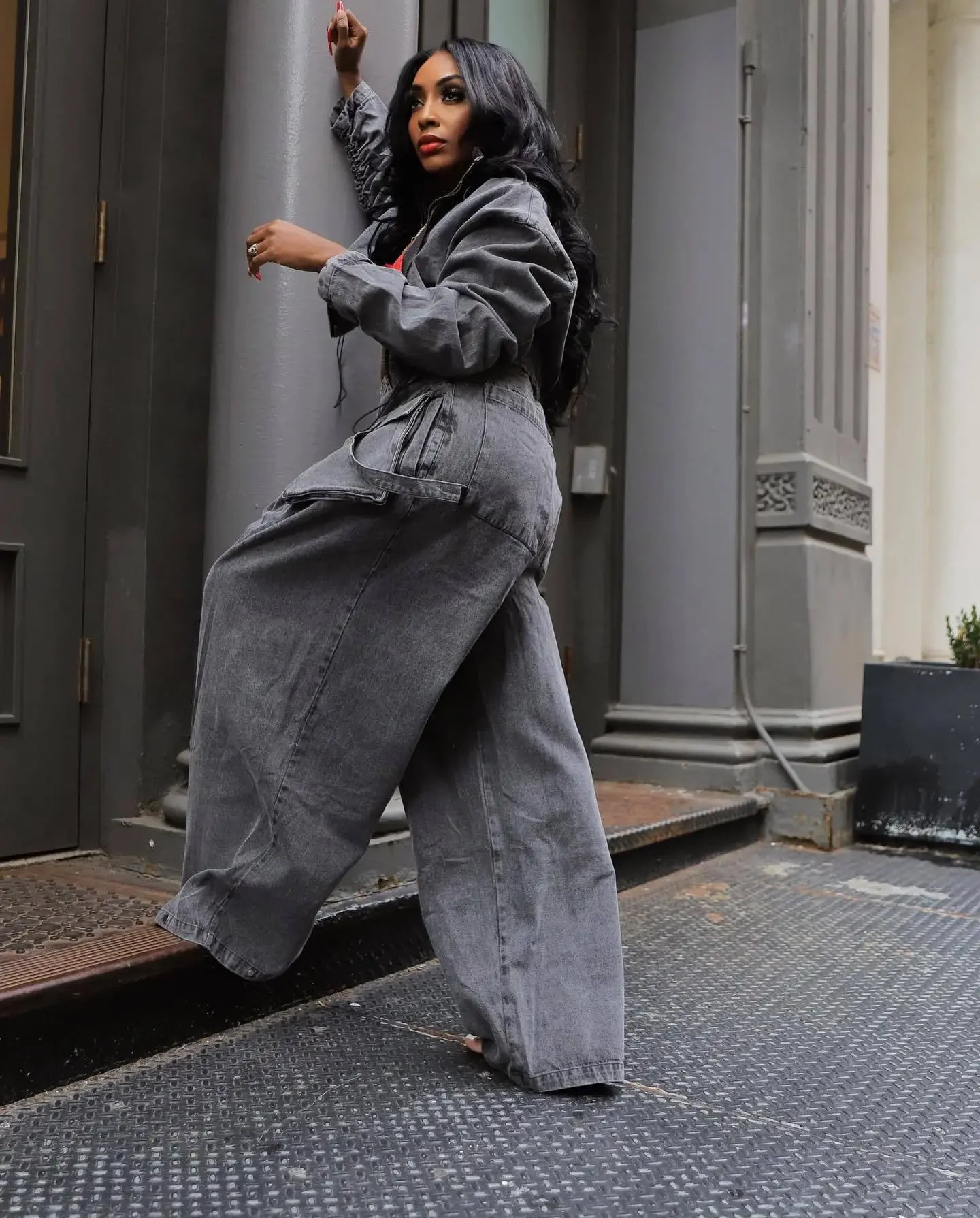 Ladies Fashion Sexy Retro Women's Casual Wide Leg Loose Heavy Duty Denim Two-piece Set. S-2x