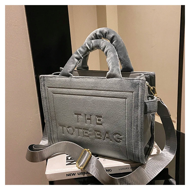 Women's Velour Tote Original Letter Print Square Stylish Soft Shoulder Bag