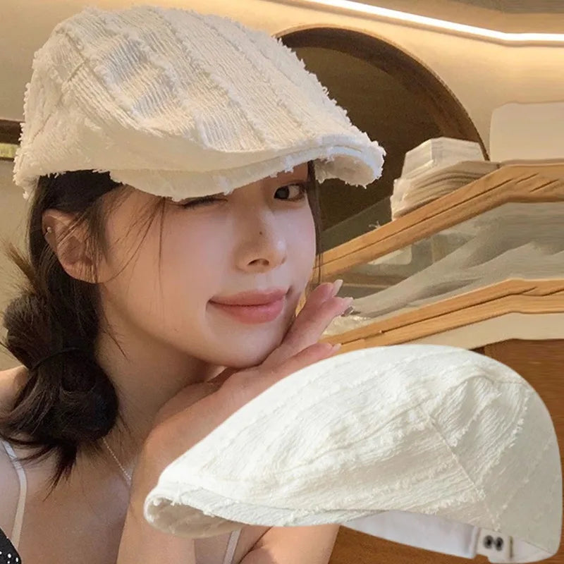 2025 New Ladies' Beret with Retro Frayed Edges Small and Sweet Duckbill Hat Japanese and Korean Fashion Artist Hat