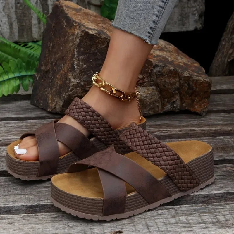 Summer Women Sandals Sexy Open Toe Broad Band Crossover Slip-On Thick Platform Sandal