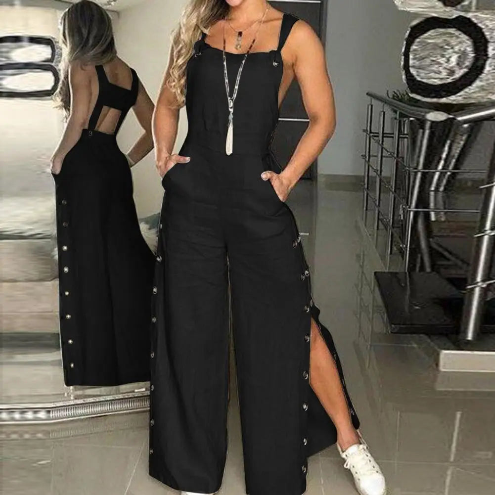 Women's Sleeveless Wide Leg Jumpsuit with Side Pockets And Button Closure Solid Colour Loose Fit Romper . S-2x