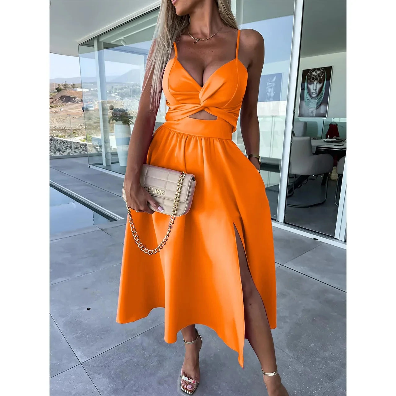 New Style Women's Sexy elegant V Neck Open-Back Medium Length Dress.