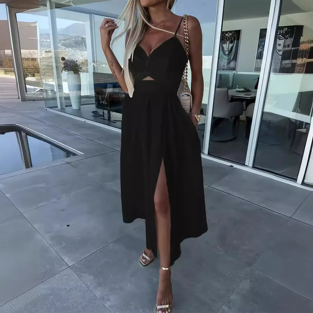 New Style Women's Sexy elegant V Neck Open-Back Medium Length Dress.
