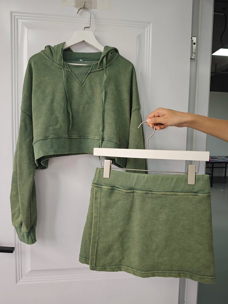 Vintage Short Sweatshirt And Skirt Set New Spring Autumn Pullover Top+ Slit Skirt. S-2x