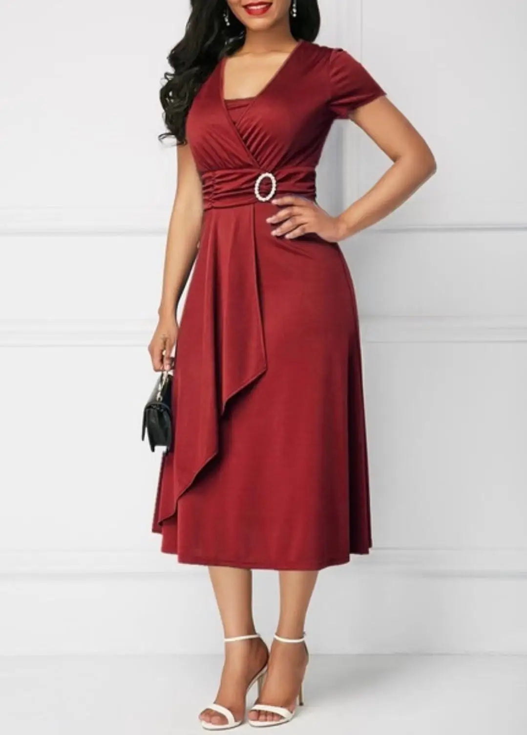 Elegant Women Solid Colour Short Sleeve V Neck Midi Party Dress. S-5X