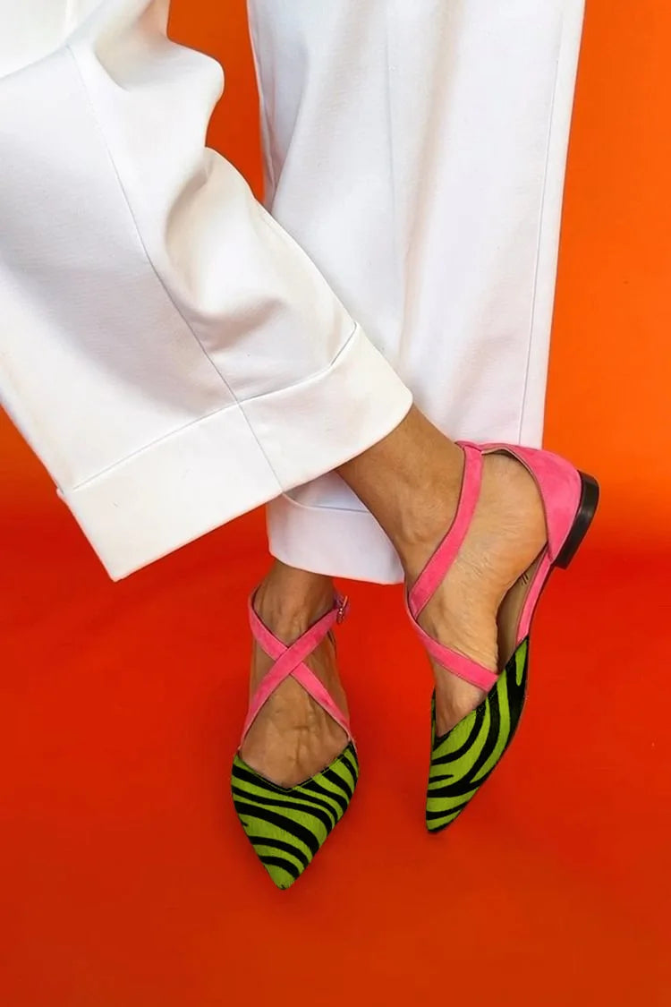 2025 Pointy Toe Flats Zebra Print Cross Ankle Straps Women Sandal