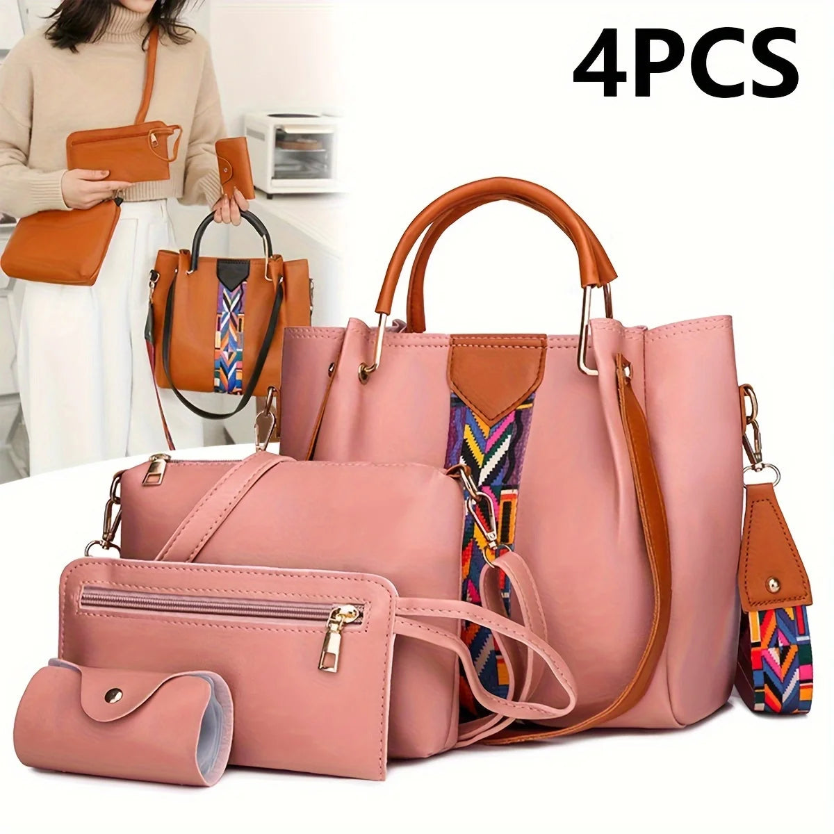 4pc Large Capacity Luxury Women's Shoulder Bag Fashion Coloured Ribbon Patchwork Tote Bag