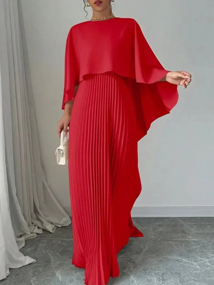 New Female Stylish High-Low Party Evening Maxi Dress Spring Autumn Cape Sleeves Solid Color Pleated Long Dress. S-2X